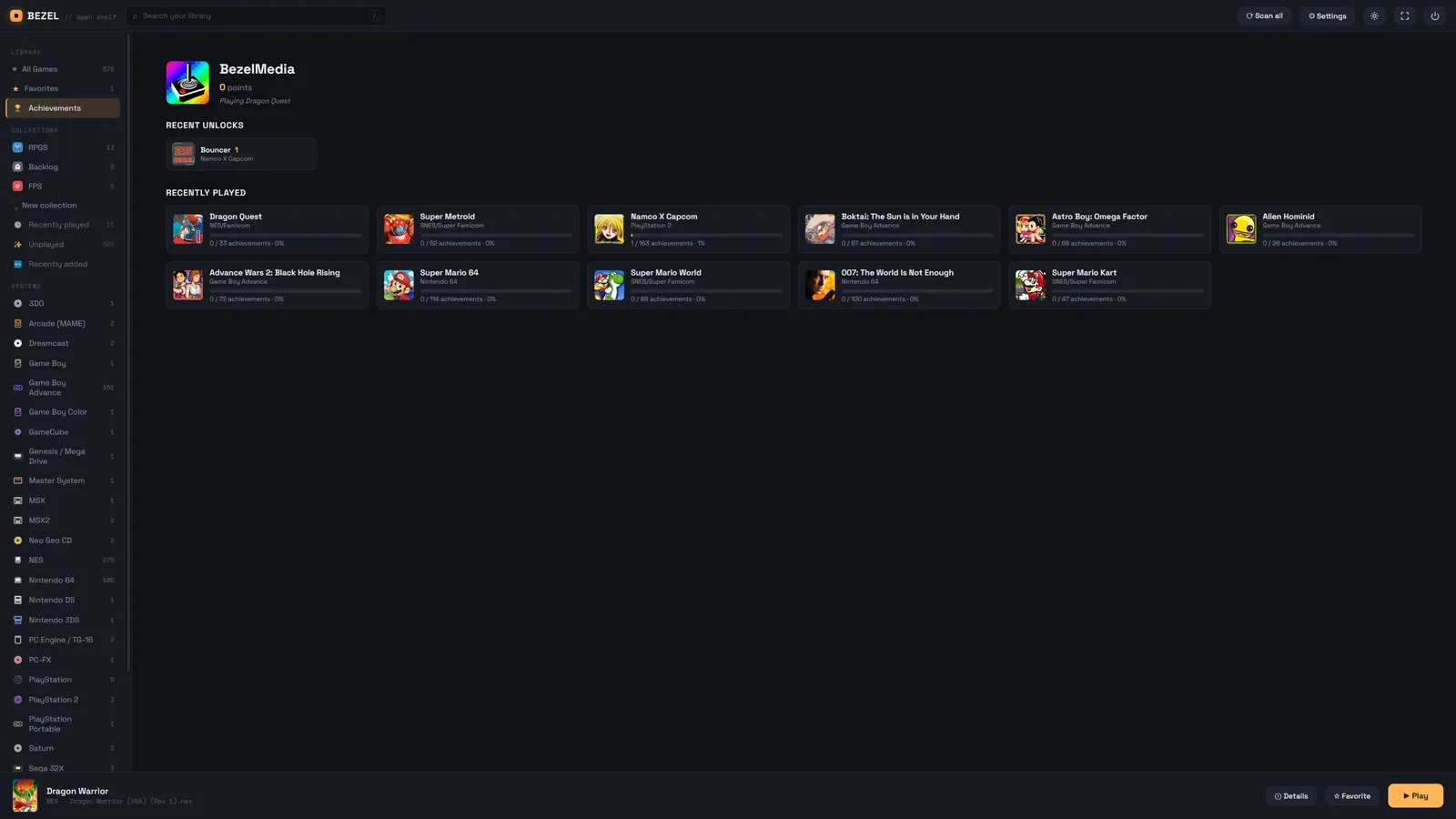 Bezel's RetroAchievements dashboard — profile, recent unlocks and recently-played progress