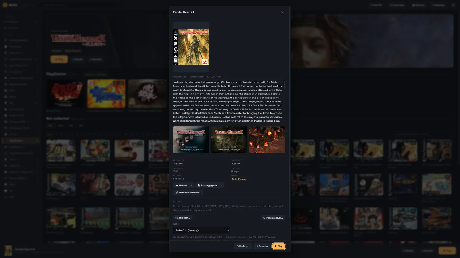A game's details page — description, screenshots, developer, publisher and genre