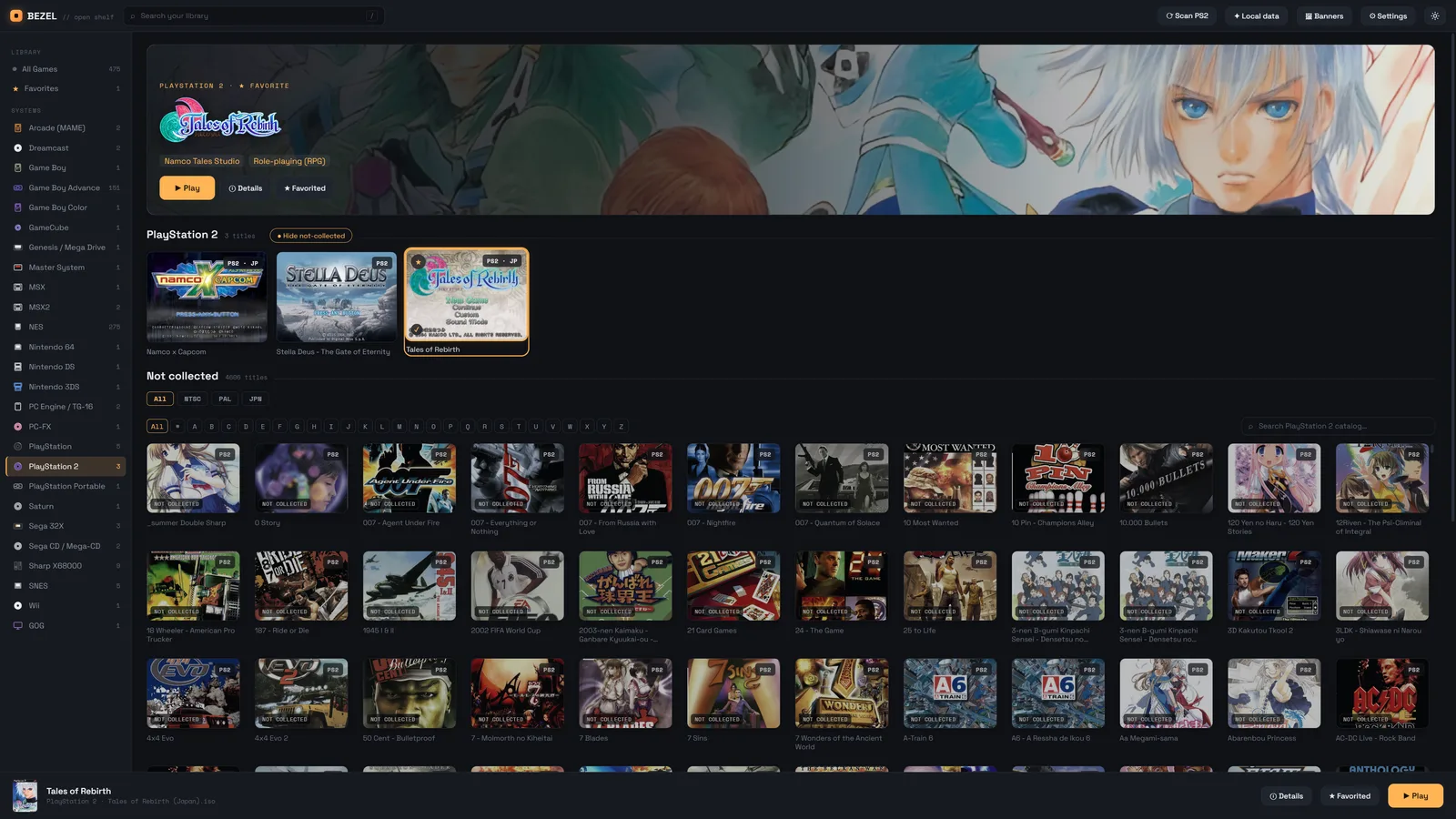 The Bezel library — your retro collection shown as a browsable shelf with box art