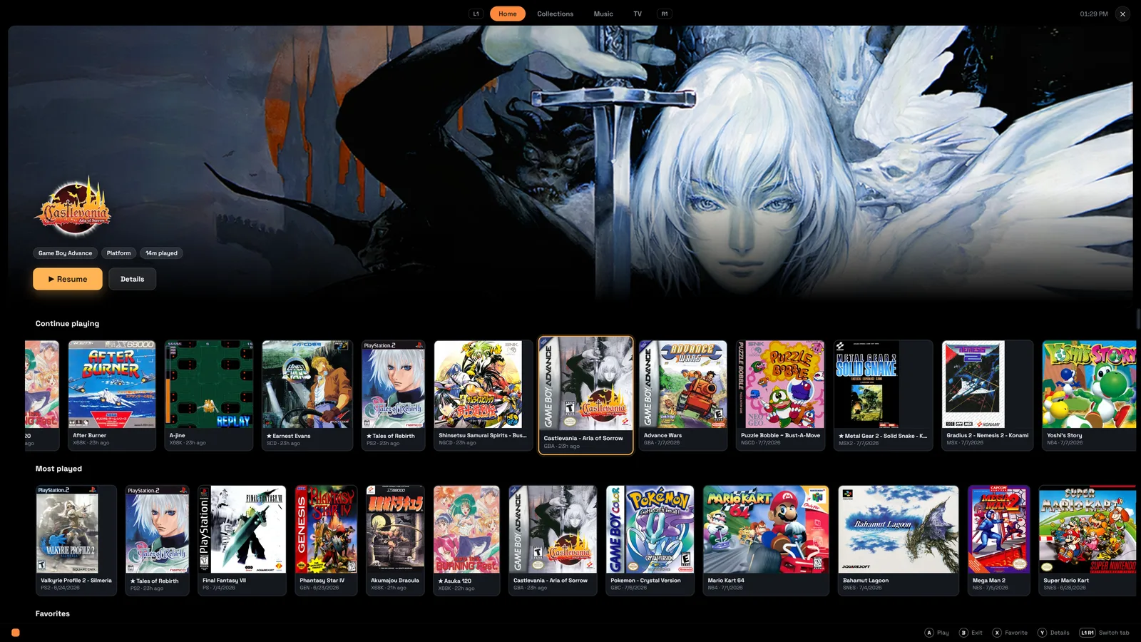 Bezel's TV / couch mode — a full-screen big-picture view with a cinematic hero banner above rows of box art