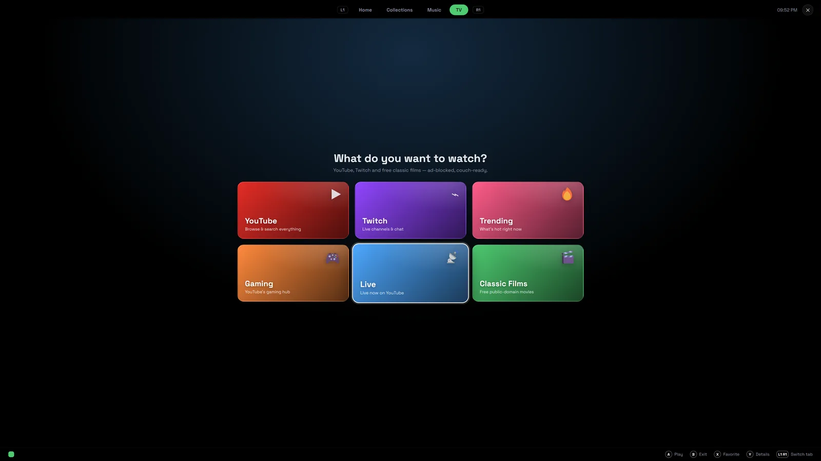 Bezel's TV tab — YouTube and Twitch inside Bezel, controller-driven, with a video pinned in the corner over a game