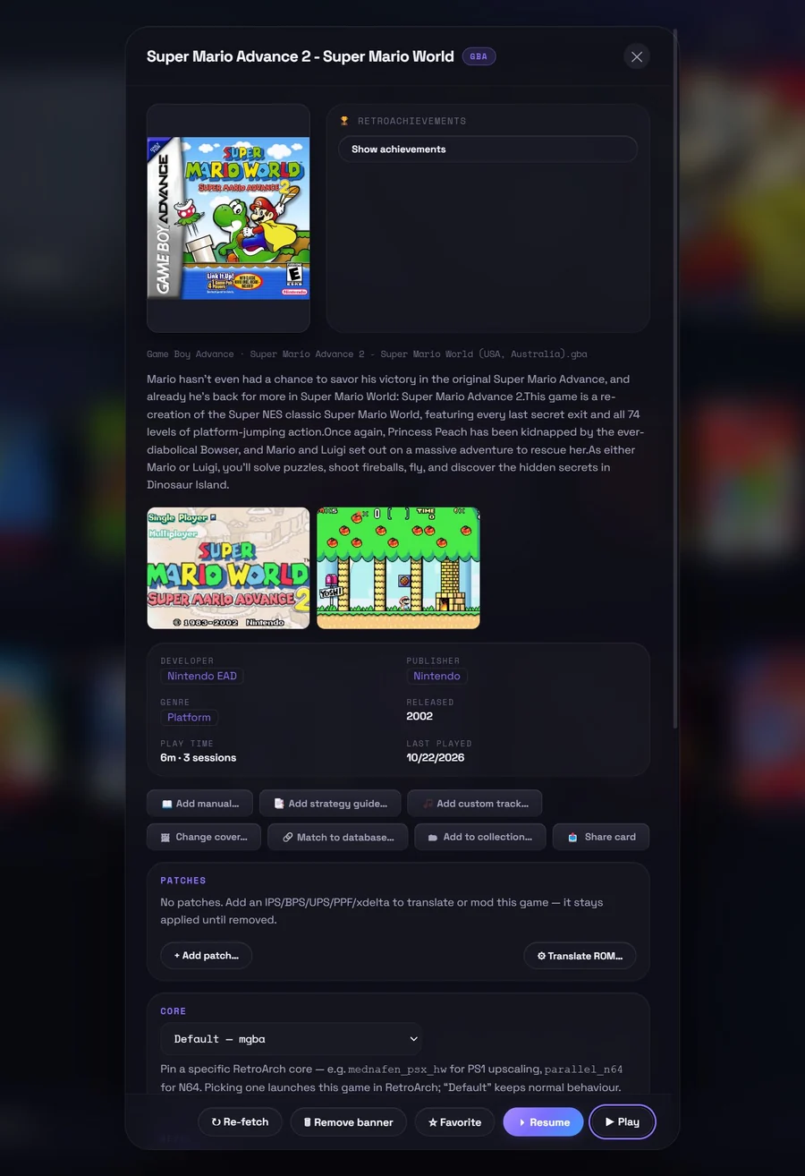 A game's Details sheet in Glass — cover, screenshots, description, achievements and patches