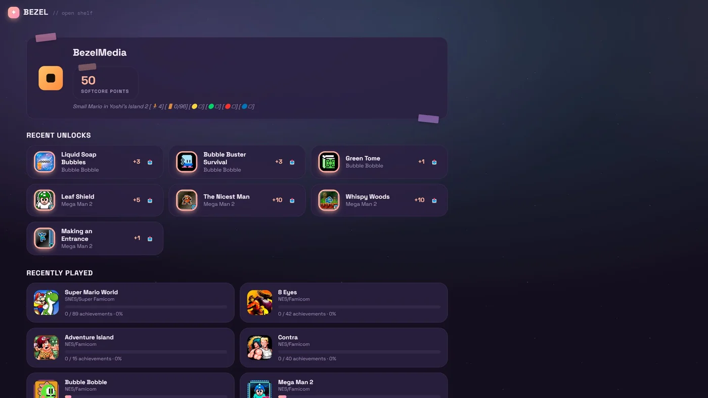 Bezel Achievements: a RetroAchievements profile with points, recent unlocks and recently played progress