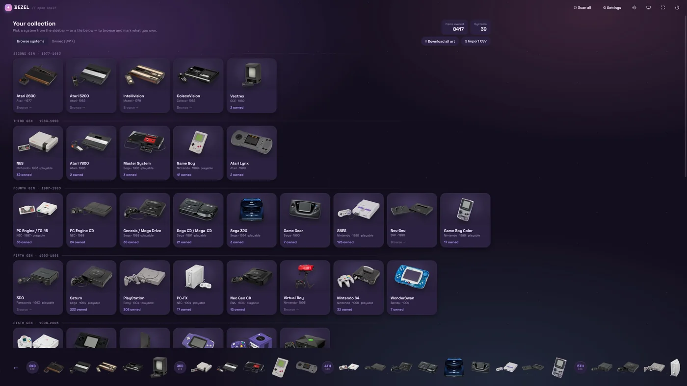 Bezel Collection: consoles from Atari 2600 to Dreamcast arranged by generation with product photos and owned counts