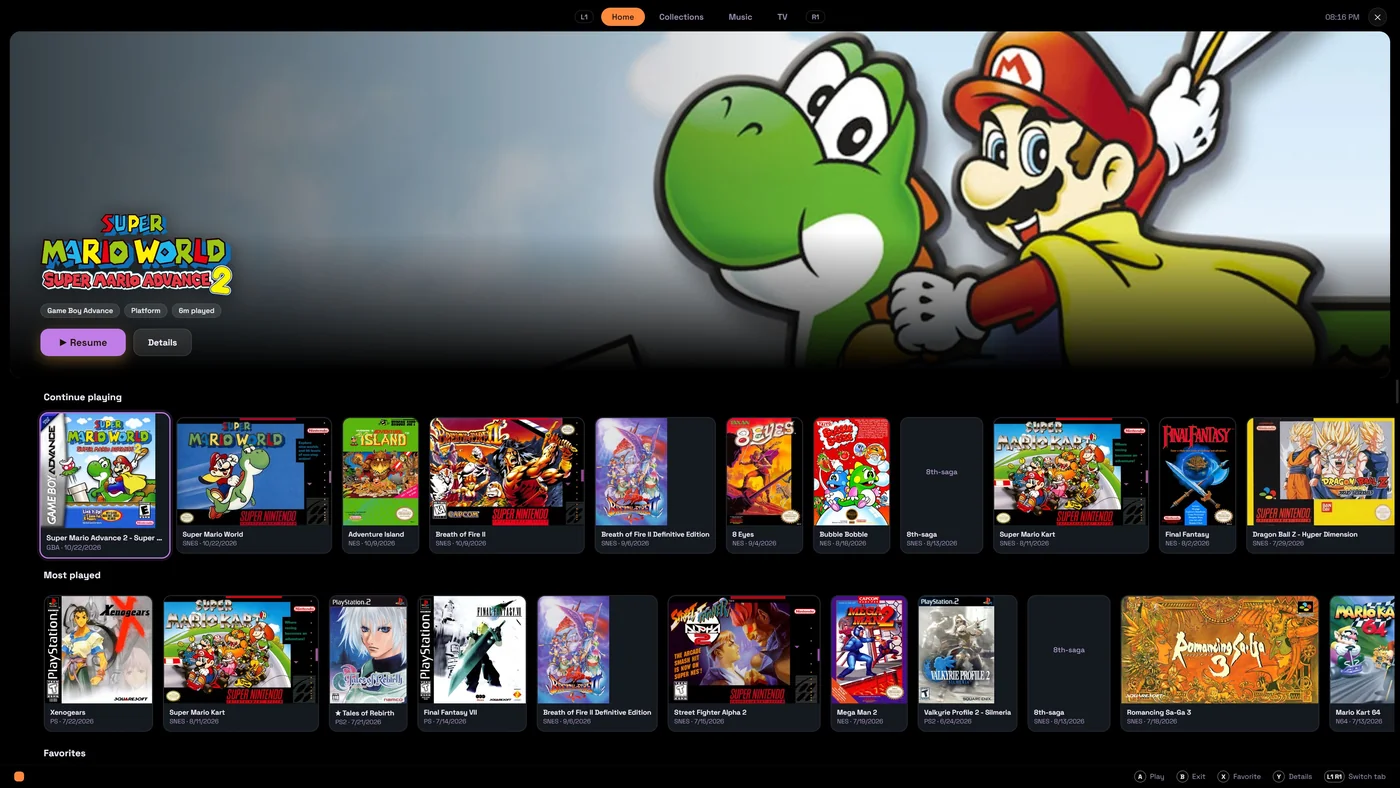 Bezel couch mode: a full-screen hero for Super Mario World above rows of box art, with Home, Collections, Music and TV tabs