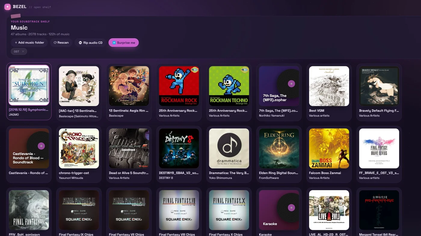 Bezel Music: a soundtrack shelf of album covers with Add music folder, Rip audio CD and Surprise me