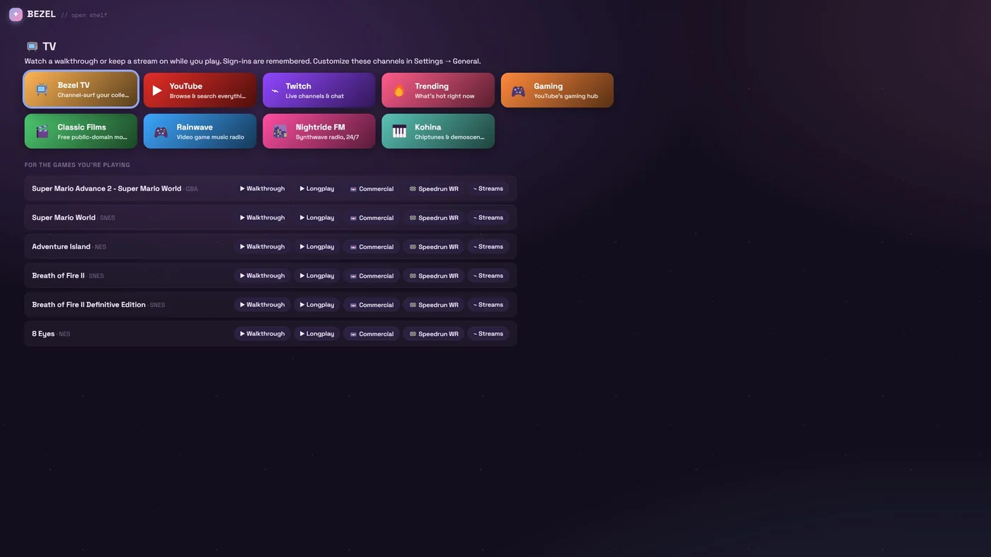 Bezel TV: channel tiles for YouTube, Twitch, Trending and Gaming, and walkthrough, longplay and speedrun links for recent games